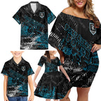 Port Adelaide Power Family Matching Off Shoulder Short Dress and Hawaiian Shirt Urban Graffiti Street Art - Bold Abstract Spray Paint