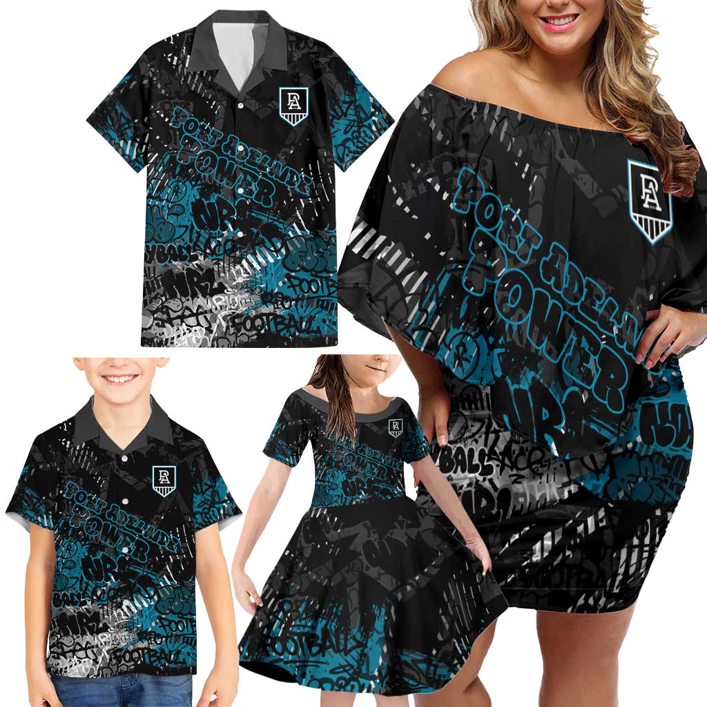 Port Adelaide Power Family Matching Off Shoulder Short Dress and Hawaiian Shirt Urban Graffiti Street Art - Bold Abstract Spray Paint