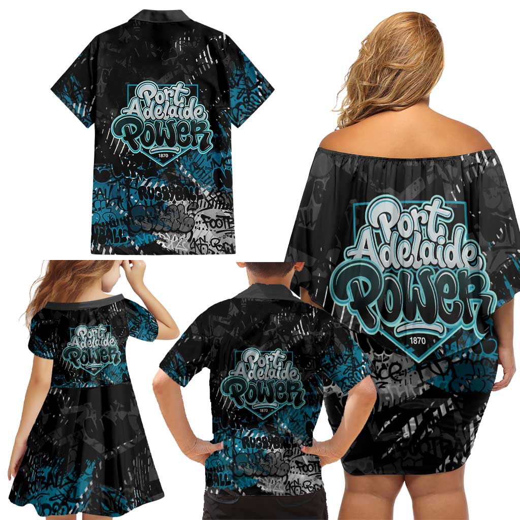 Port Adelaide Power Family Matching Off Shoulder Short Dress and Hawaiian Shirt Urban Graffiti Street Art - Bold Abstract Spray Paint