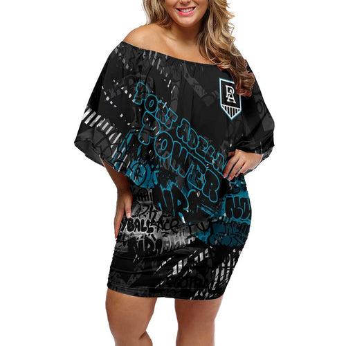 Port Adelaide Power Family Matching Off Shoulder Short Dress and Hawaiian Shirt Urban Graffiti Street Art - Bold Abstract Spray Paint