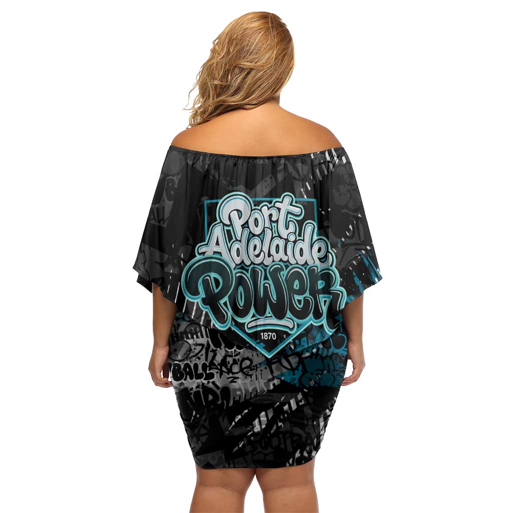 Port Adelaide Power Family Matching Off Shoulder Short Dress and Hawaiian Shirt Urban Graffiti Street Art - Bold Abstract Spray Paint