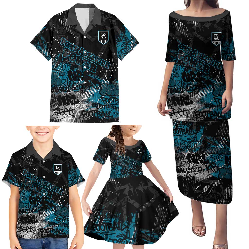 Port Adelaide Power Family Matching Puletasi and Hawaiian Shirt Urban Graffiti Street Art - Bold Abstract Spray Paint