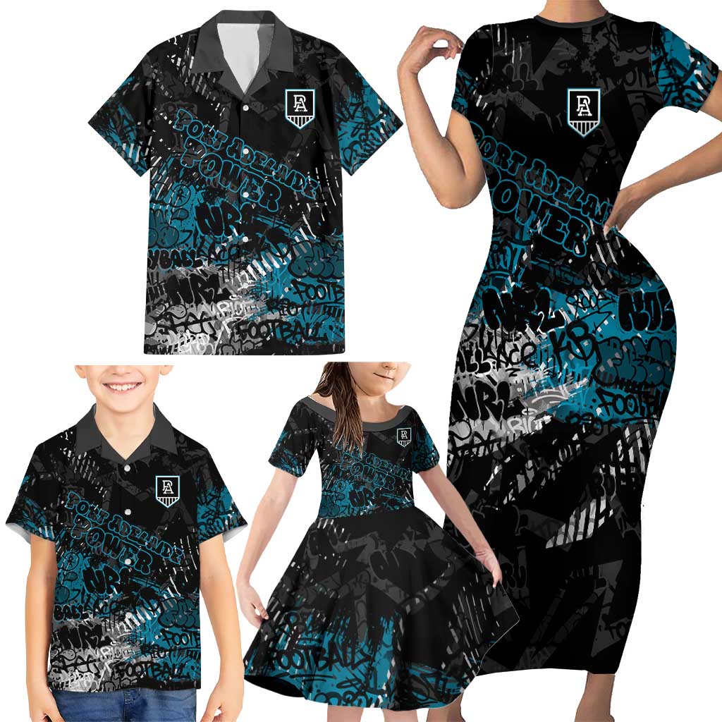 Port Adelaide Power Family Matching Short Sleeve Bodycon Dress and Hawaiian Shirt Urban Graffiti Street Art - Bold Abstract Spray Paint