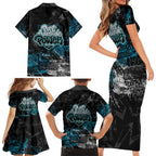 Port Adelaide Power Family Matching Short Sleeve Bodycon Dress and Hawaiian Shirt Urban Graffiti Street Art - Bold Abstract Spray Paint