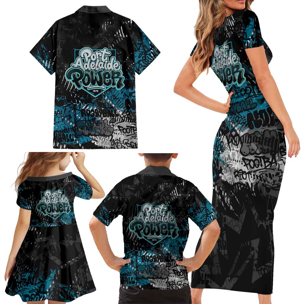 Port Adelaide Power Family Matching Short Sleeve Bodycon Dress and Hawaiian Shirt Urban Graffiti Street Art - Bold Abstract Spray Paint