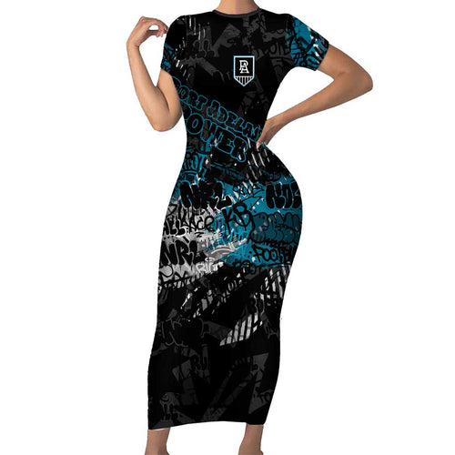 Port Adelaide Power Family Matching Short Sleeve Bodycon Dress and Hawaiian Shirt Urban Graffiti Street Art - Bold Abstract Spray Paint