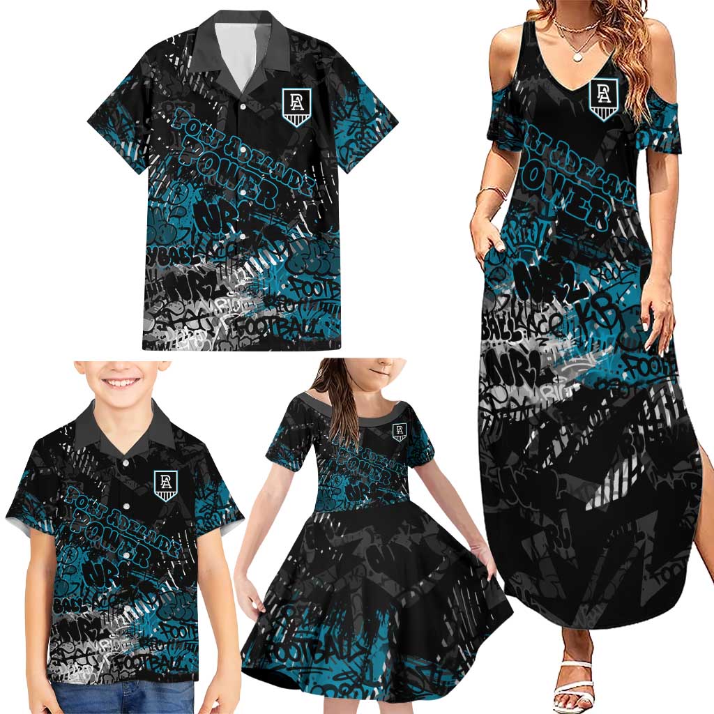 Port Adelaide Power Family Matching Summer Maxi Dress and Hawaiian Shirt Urban Graffiti Street Art - Bold Abstract Spray Paint