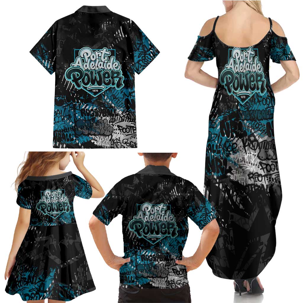 Port Adelaide Power Family Matching Summer Maxi Dress and Hawaiian Shirt Urban Graffiti Street Art - Bold Abstract Spray Paint