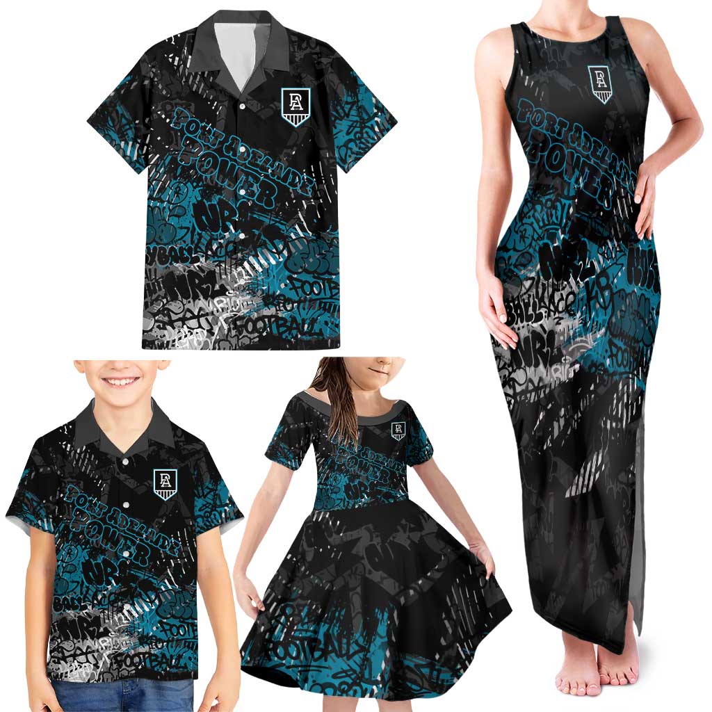 Port Adelaide Power Family Matching Tank Maxi Dress and Hawaiian Shirt Urban Graffiti Street Art - Bold Abstract Spray Paint