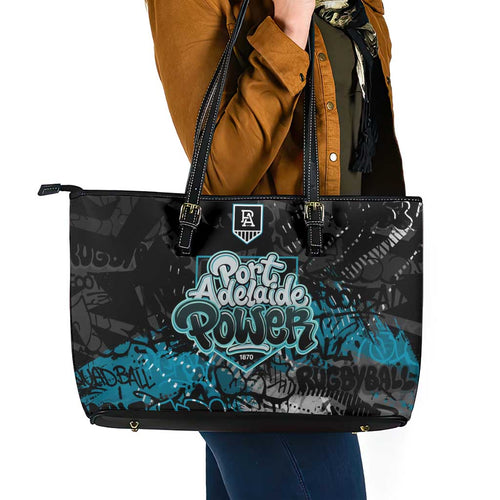 Port Adelaide Power Leather Tote Bag Urban Graffiti Street Art - Bold Abstract Spray Paint