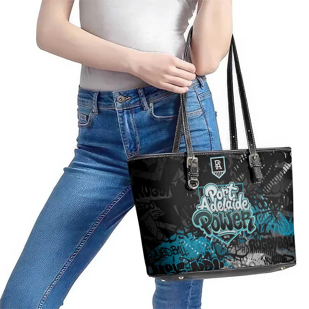 Port Adelaide Power Leather Tote Bag Urban Graffiti Street Art - Bold Abstract Spray Paint