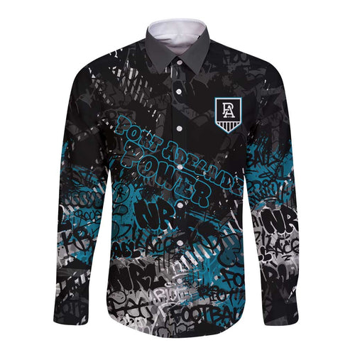 Port Adelaide Power Long Sleeve Button Shirt Urban Graffiti Street Art - Bold Abstract Spray Paint