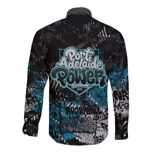 Port Adelaide Power Long Sleeve Button Shirt Urban Graffiti Street Art - Bold Abstract Spray Paint