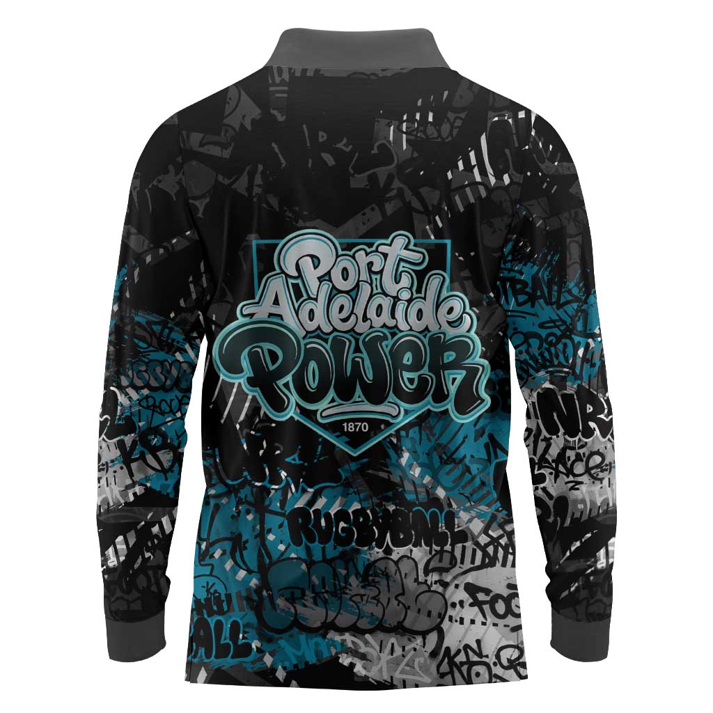 Port Adelaide Power Long Sleeve Polo Shirt Urban Graffiti Street Art - Bold Abstract Spray Paint