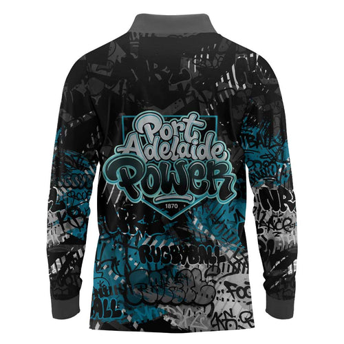 Port Adelaide Power Long Sleeve Polo Shirt Urban Graffiti Street Art - Bold Abstract Spray Paint
