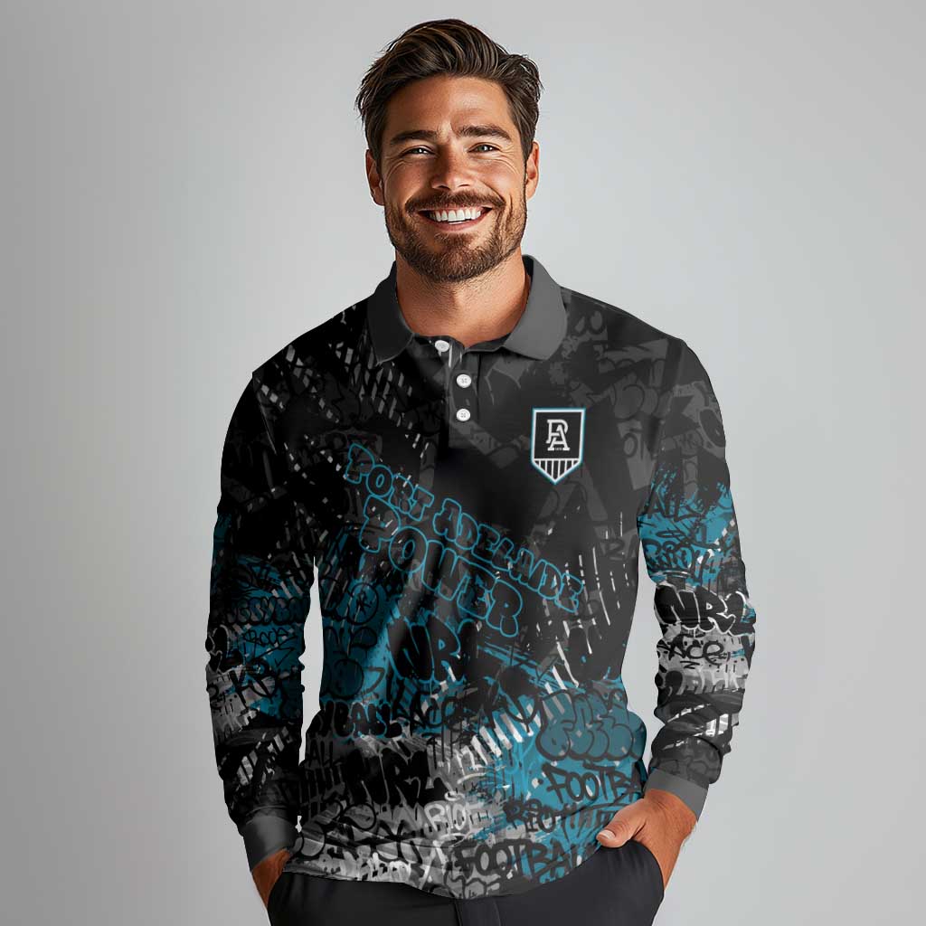 Port Adelaide Power Long Sleeve Polo Shirt Urban Graffiti Street Art - Bold Abstract Spray Paint