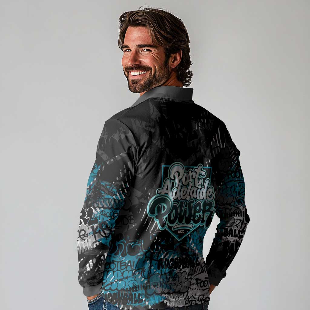 Port Adelaide Power Long Sleeve Polo Shirt Urban Graffiti Street Art - Bold Abstract Spray Paint