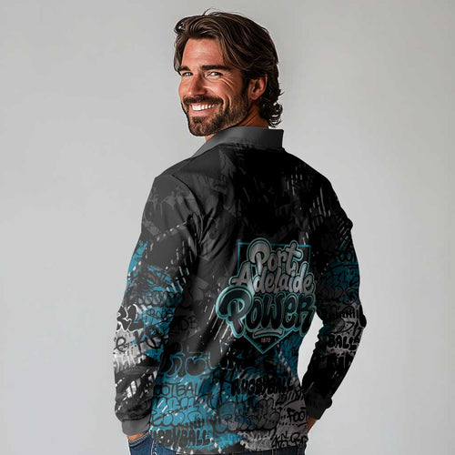 Port Adelaide Power Long Sleeve Polo Shirt Urban Graffiti Street Art - Bold Abstract Spray Paint