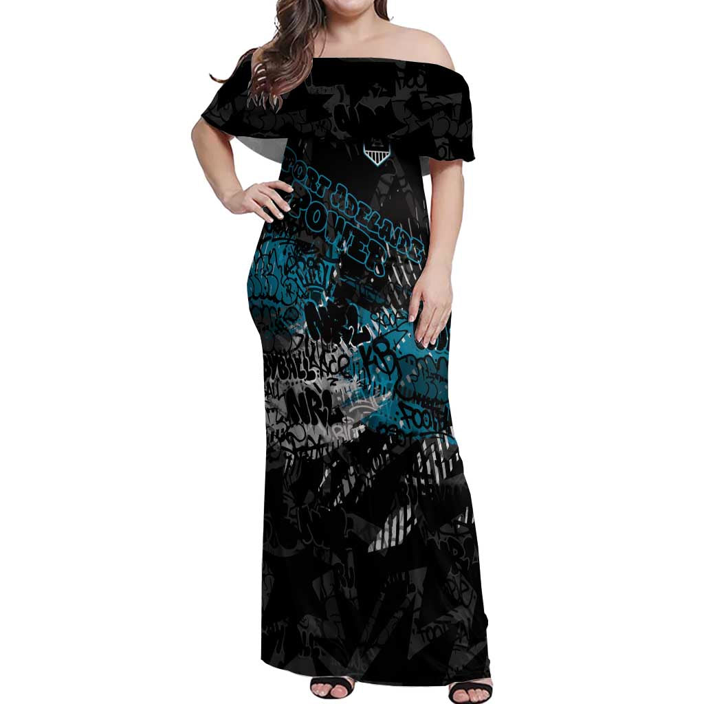 Port Adelaide Power Off Shoulder Maxi Dress Urban Graffiti Street Art - Bold Abstract Spray Paint