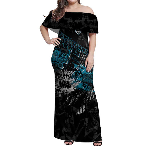 Port Adelaide Power Off Shoulder Maxi Dress Urban Graffiti Street Art - Bold Abstract Spray Paint