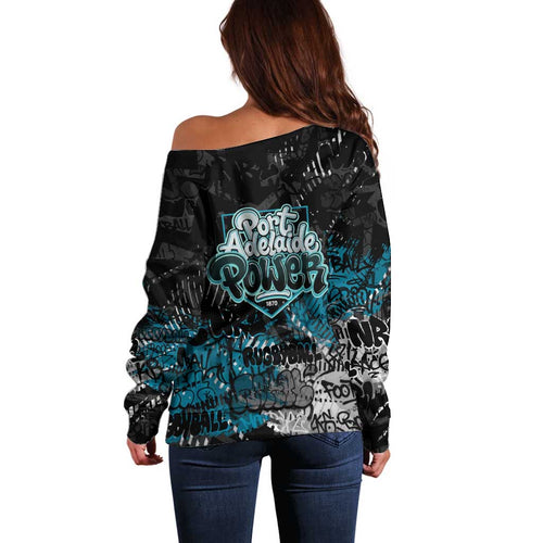 Port Adelaide Power Off Shoulder Sweater Urban Graffiti Street Art - Bold Abstract Spray Paint