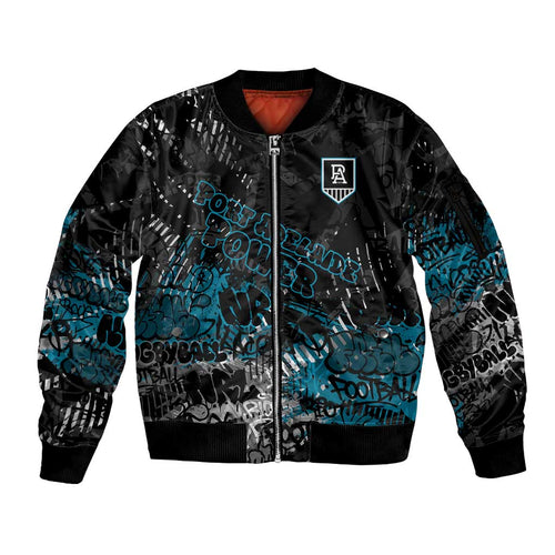 Port Adelaide Power Sleeve Zip Bomber Jacket Urban Graffiti Street Art - Bold Abstract Spray Paint