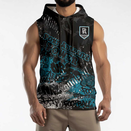 Port Adelaide Power Sleeveless Hoodie Urban Graffiti Street Art - Bold Abstract Spray Paint