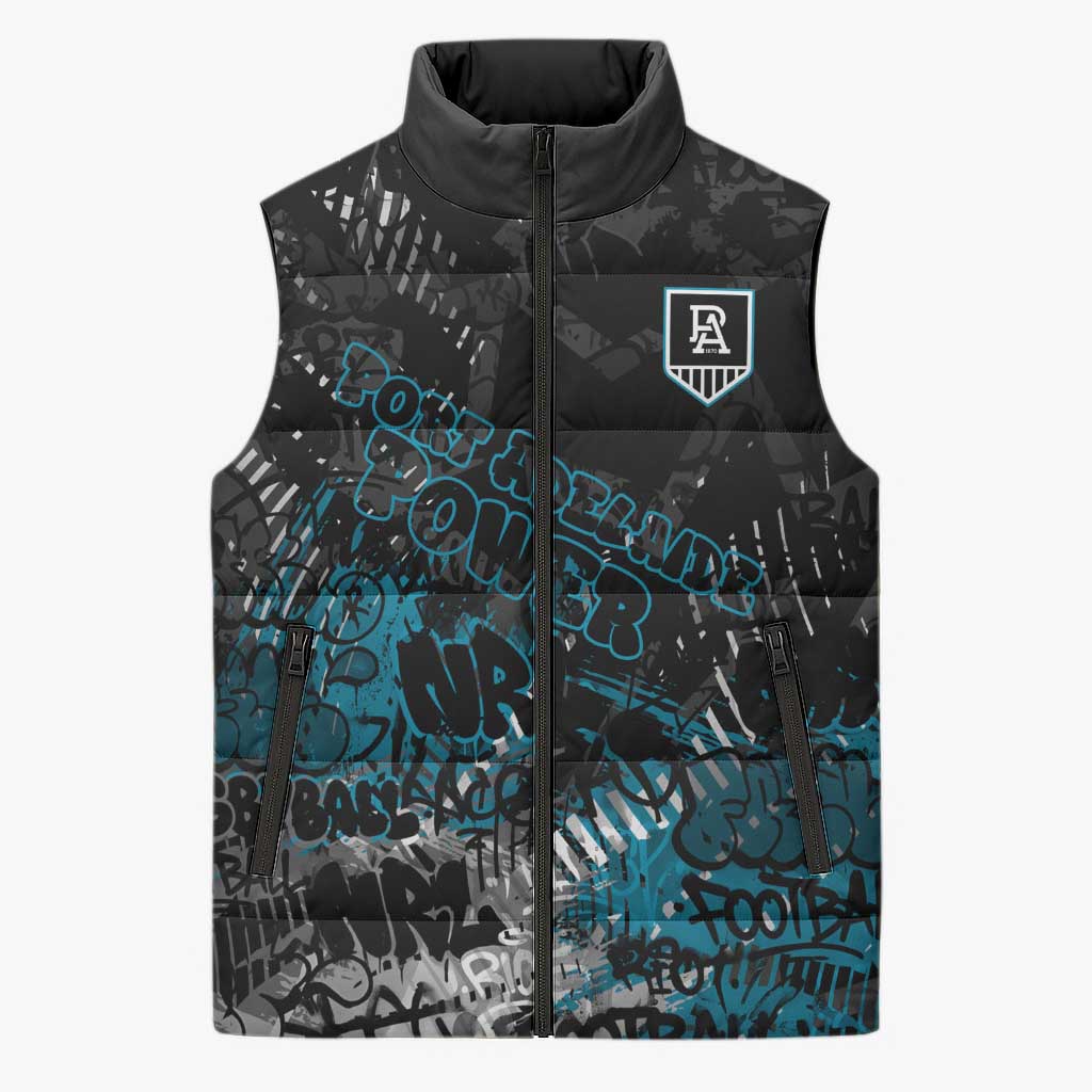 Port Adelaide Power Sleeveless Puffer Jacket Urban Graffiti Street Art - Bold Abstract Spray Paint
