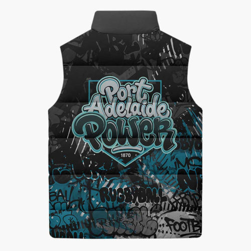 Port Adelaide Power Sleeveless Puffer Jacket Urban Graffiti Street Art - Bold Abstract Spray Paint
