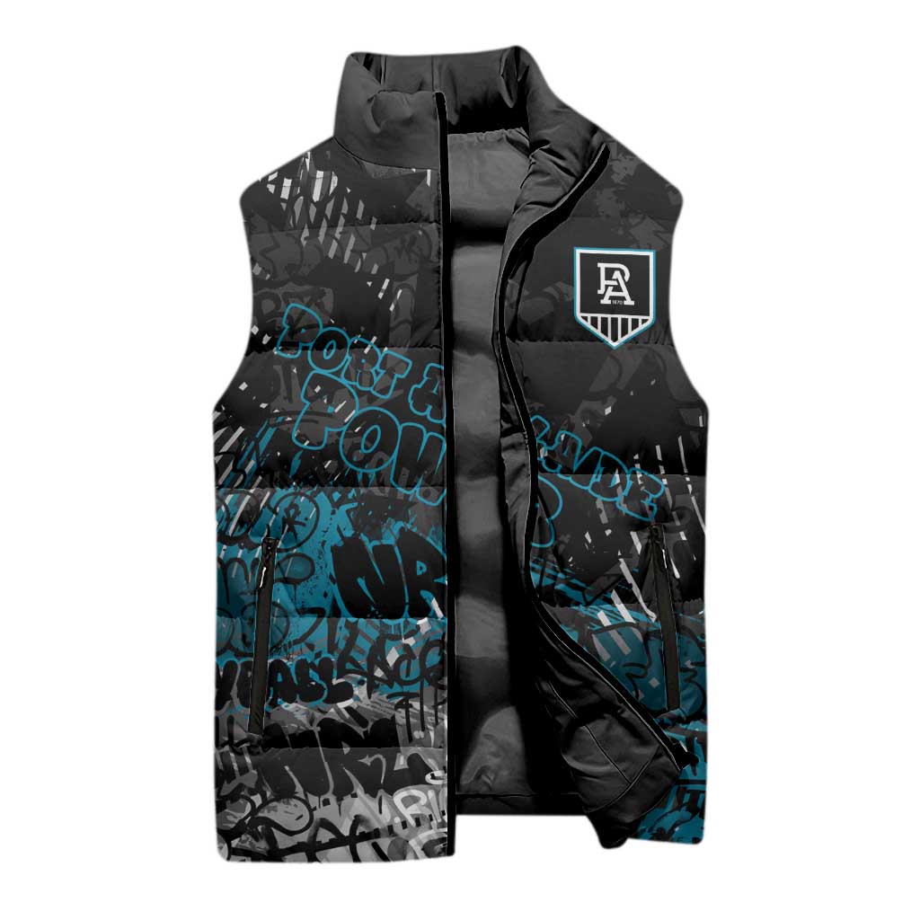 Port Adelaide Power Sleeveless Puffer Jacket Urban Graffiti Street Art - Bold Abstract Spray Paint