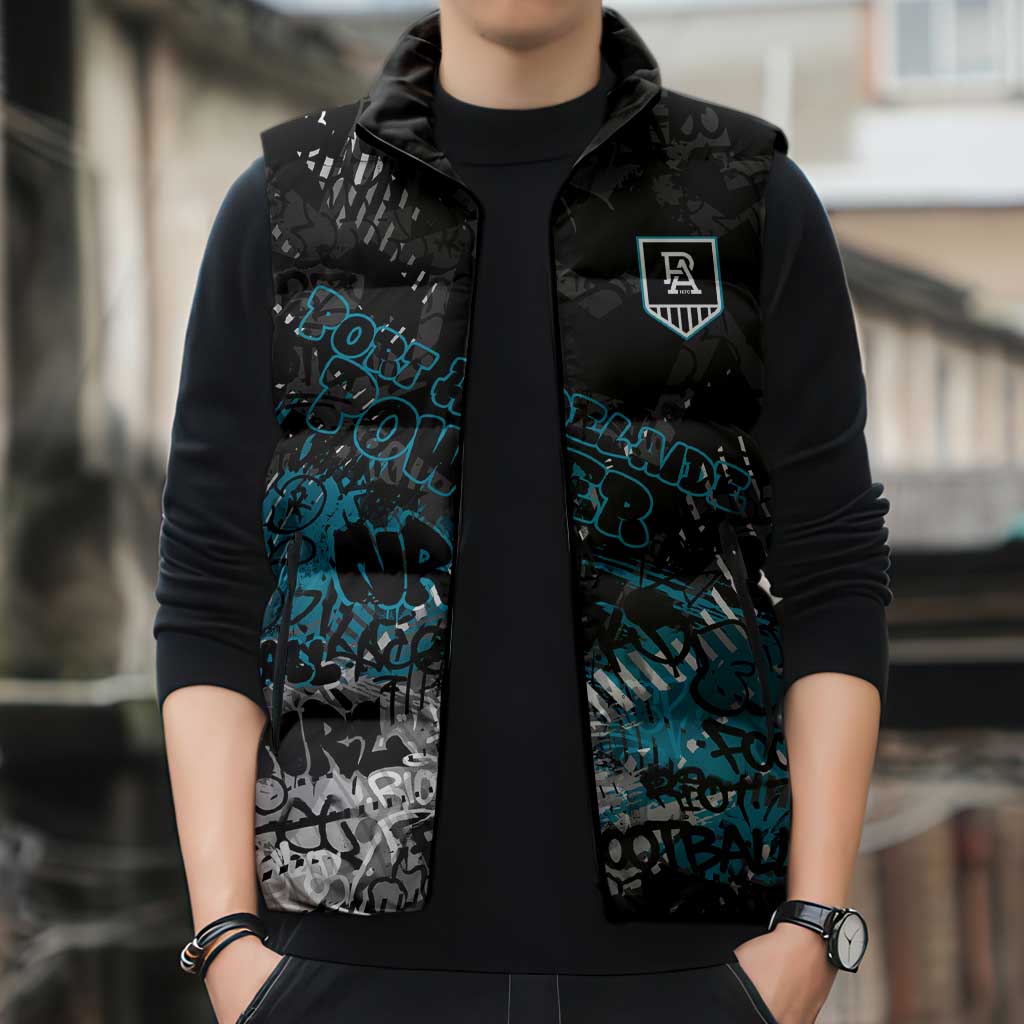 Port Adelaide Power Sleeveless Puffer Jacket Urban Graffiti Street Art - Bold Abstract Spray Paint