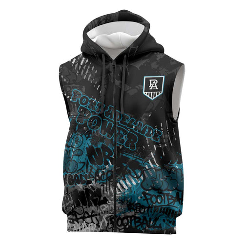 Port Adelaide Power Sleeveless Zip Hoodie Urban Graffiti Street Art - Bold Abstract Spray Paint