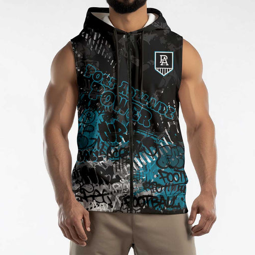 Port Adelaide Power Sleeveless Zip Hoodie Urban Graffiti Street Art - Bold Abstract Spray Paint