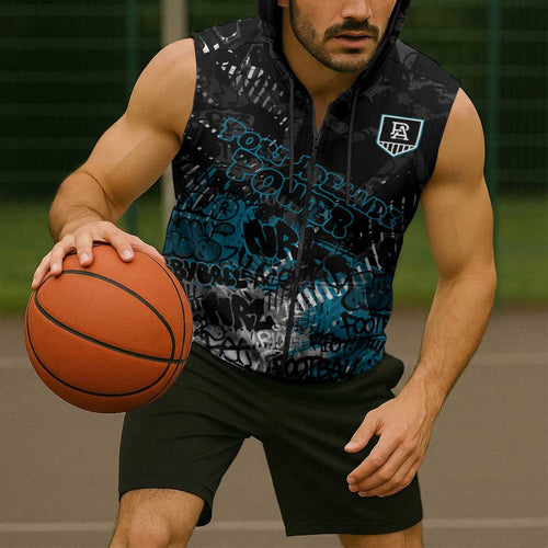 Port Adelaide Power Sleeveless Zip Hoodie Urban Graffiti Street Art - Bold Abstract Spray Paint