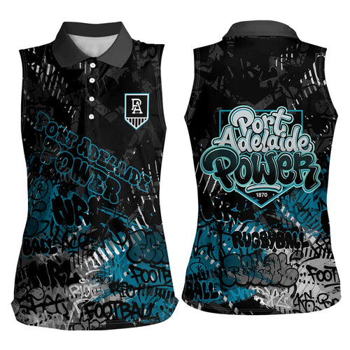 Port Adelaide Power Women Sleeveless Polo Shirt Urban Graffiti Street Art - Bold Abstract Spray Paint