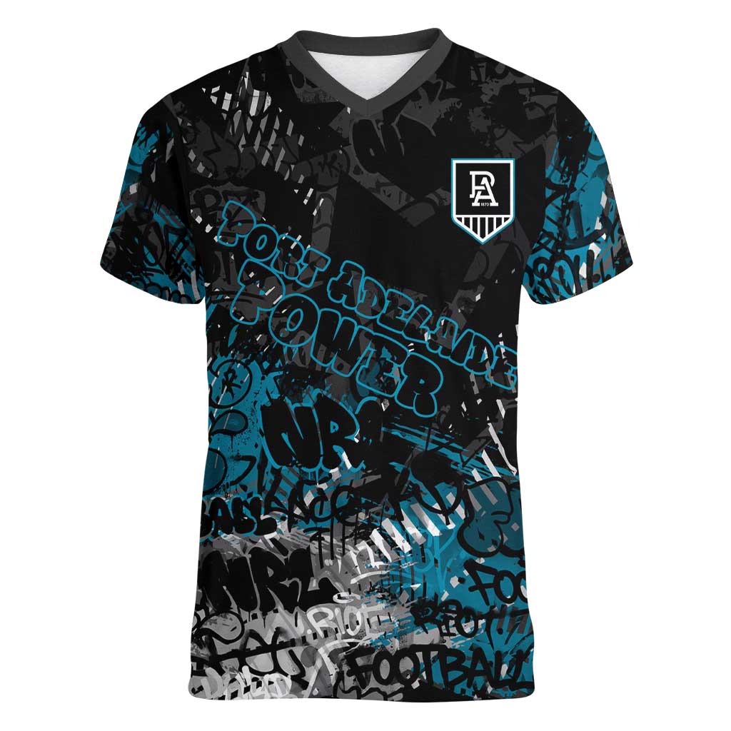 Port Adelaide Power Women V-Neck T-Shirt Urban Graffiti Street Art - Bold Abstract Spray Paint
