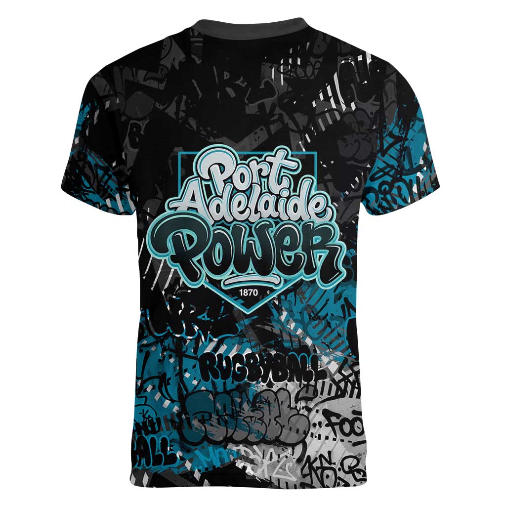 Port Adelaide Power Women V-Neck T-Shirt Urban Graffiti Street Art - Bold Abstract Spray Paint