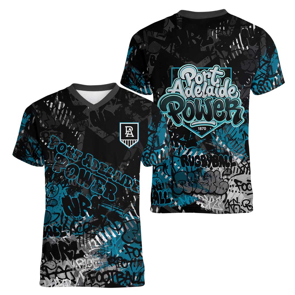 Port Adelaide Power Women V-Neck T-Shirt Urban Graffiti Street Art - Bold Abstract Spray Paint