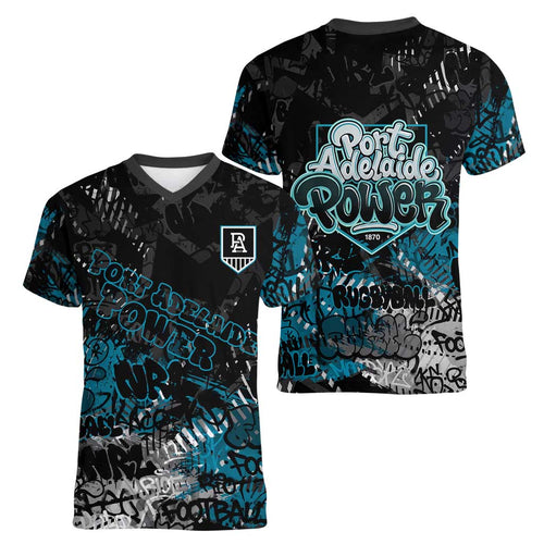 Port Adelaide Power Women V-Neck T-Shirt Urban Graffiti Street Art - Bold Abstract Spray Paint