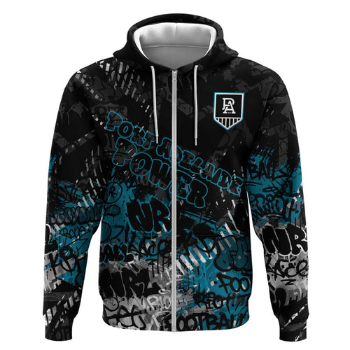 Port Adelaide Power Zip Hoodie Urban Graffiti Street Art - Bold Abstract Spray Paint