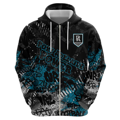 Port Adelaide Power Zip Hoodie Urban Graffiti Street Art - Bold Abstract Spray Paint