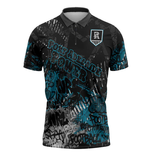 Port Adelaide Power Zipper Polo Shirt Urban Graffiti Street Art - Bold Abstract Spray Paint