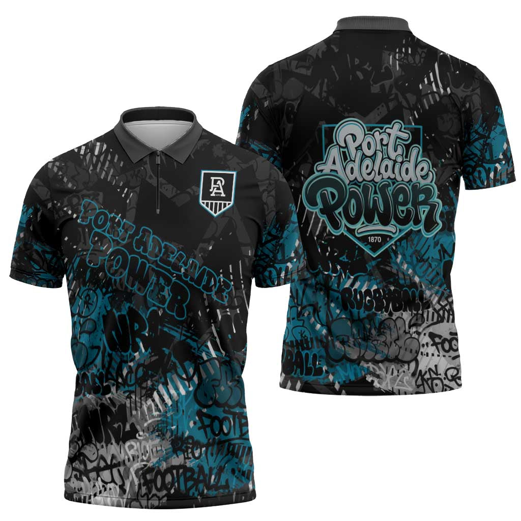 Port Adelaide Power Zipper Polo Shirt Urban Graffiti Street Art - Bold Abstract Spray Paint