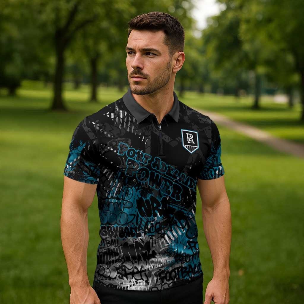 Port Adelaide Power Zipper Polo Shirt Urban Graffiti Street Art - Bold Abstract Spray Paint