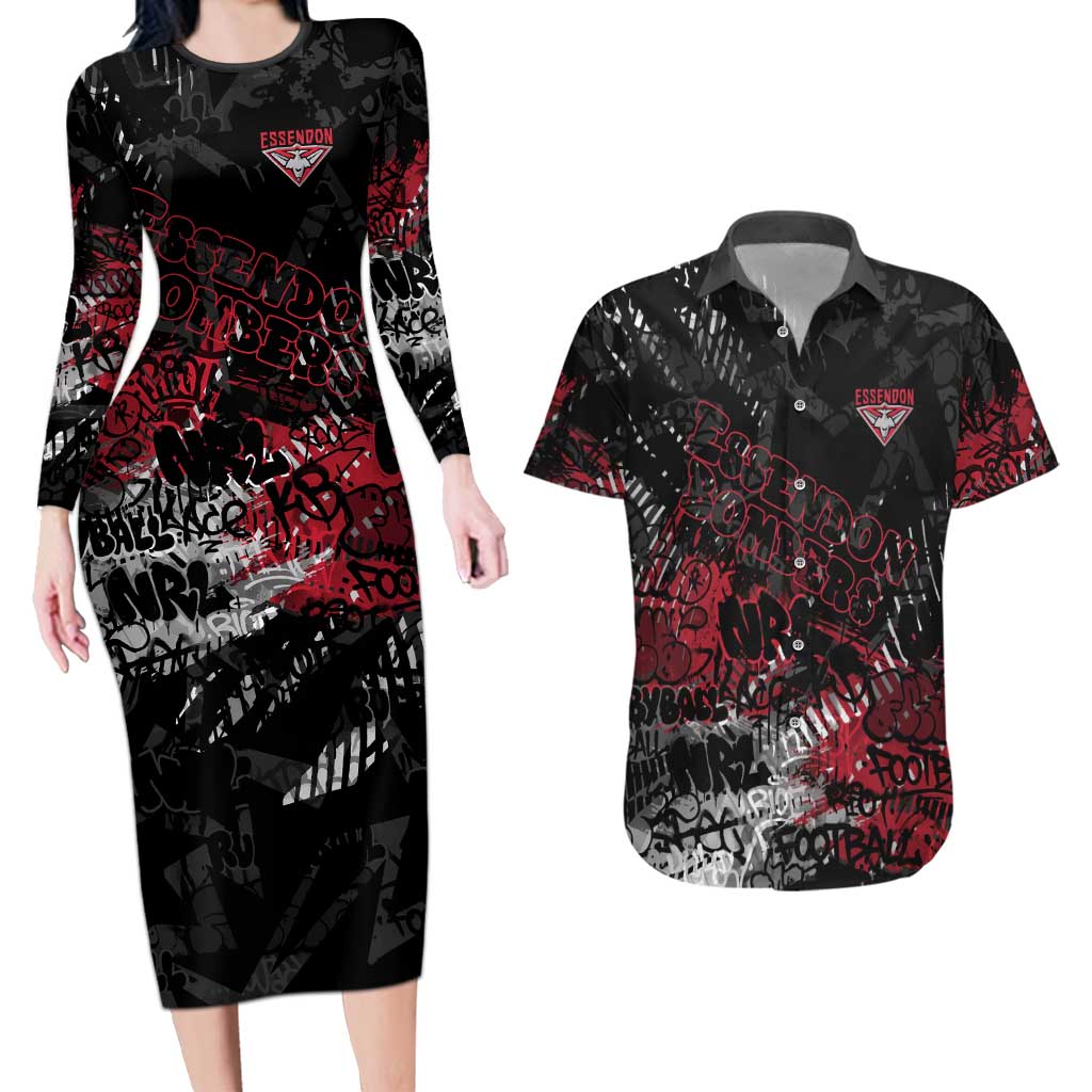 Essendon Bombers Couples Matching Long Sleeve Bodycon Dress and Hawaiian Shirt Urban Graffiti Street Art - Bold Abstract Spray Paint