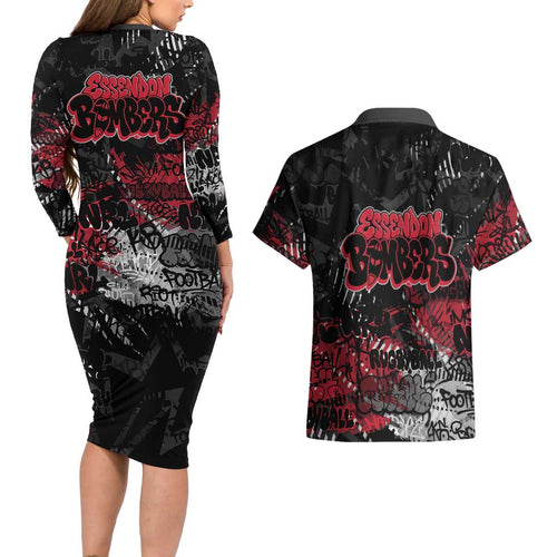 Essendon Bombers Couples Matching Long Sleeve Bodycon Dress and Hawaiian Shirt Urban Graffiti Street Art - Bold Abstract Spray Paint