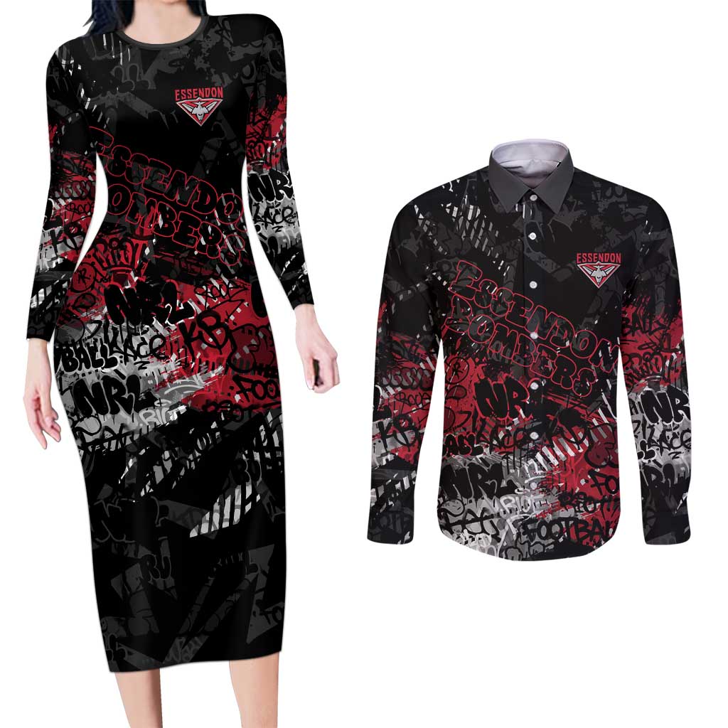 Essendon Bombers Couples Matching Long Sleeve Bodycon Dress and Long Sleeve Button Shirt Urban Graffiti Street Art - Bold Abstract Spray Paint
