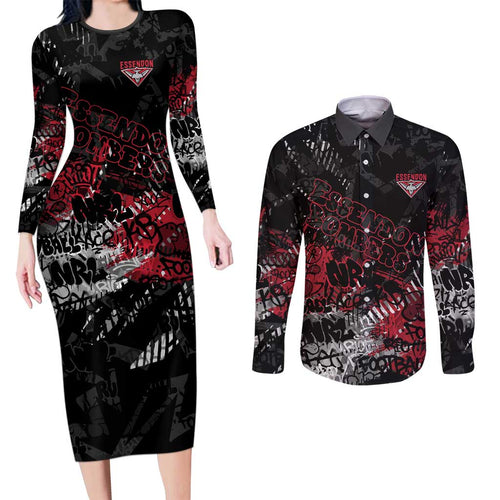Essendon Bombers Couples Matching Long Sleeve Bodycon Dress and Long Sleeve Button Shirt Urban Graffiti Street Art - Bold Abstract Spray Paint
