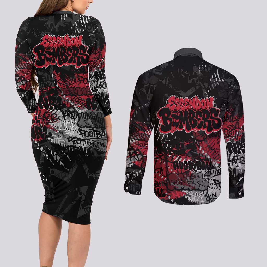 Essendon Bombers Couples Matching Long Sleeve Bodycon Dress and Long Sleeve Button Shirt Urban Graffiti Street Art - Bold Abstract Spray Paint