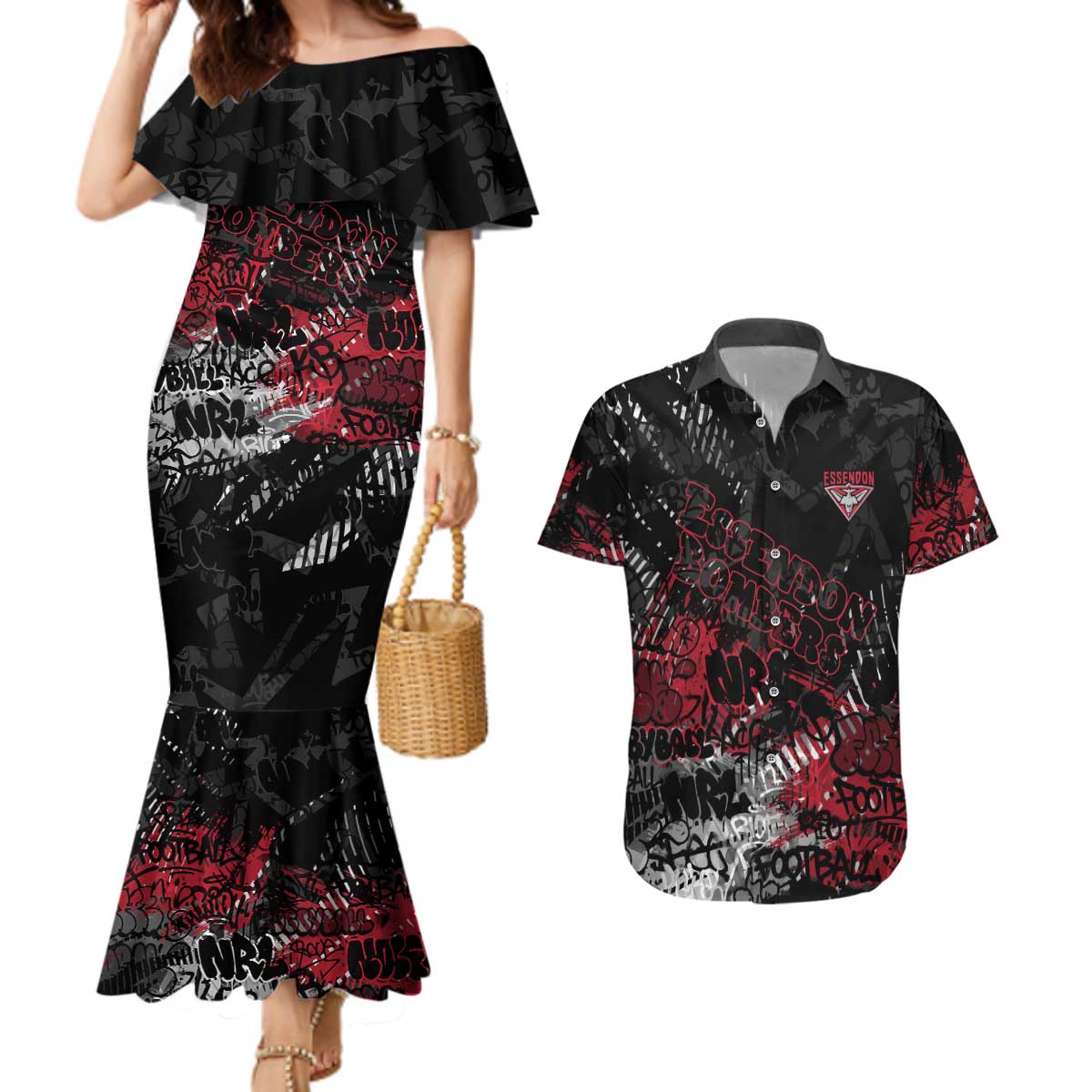 Essendon Bombers Couples Matching Mermaid Dress and Hawaiian Shirt Urban Graffiti Street Art - Bold Abstract Spray Paint